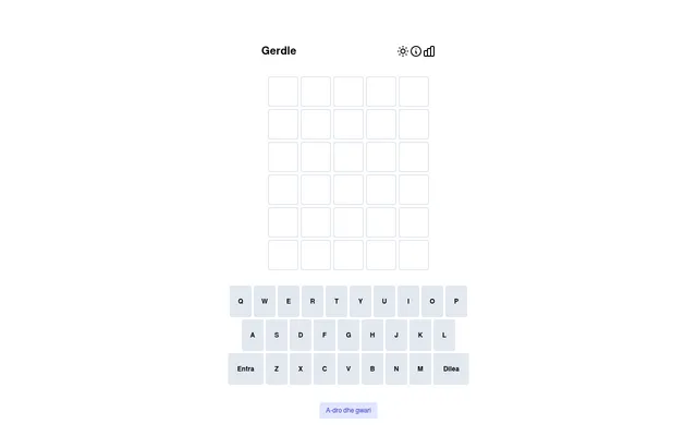 The Gerdle board: an empty five-by-six grid with a keyboard whose Enter and Delete keys read Entra and Dilea, and an A-dro dhe gwari (about the game) button