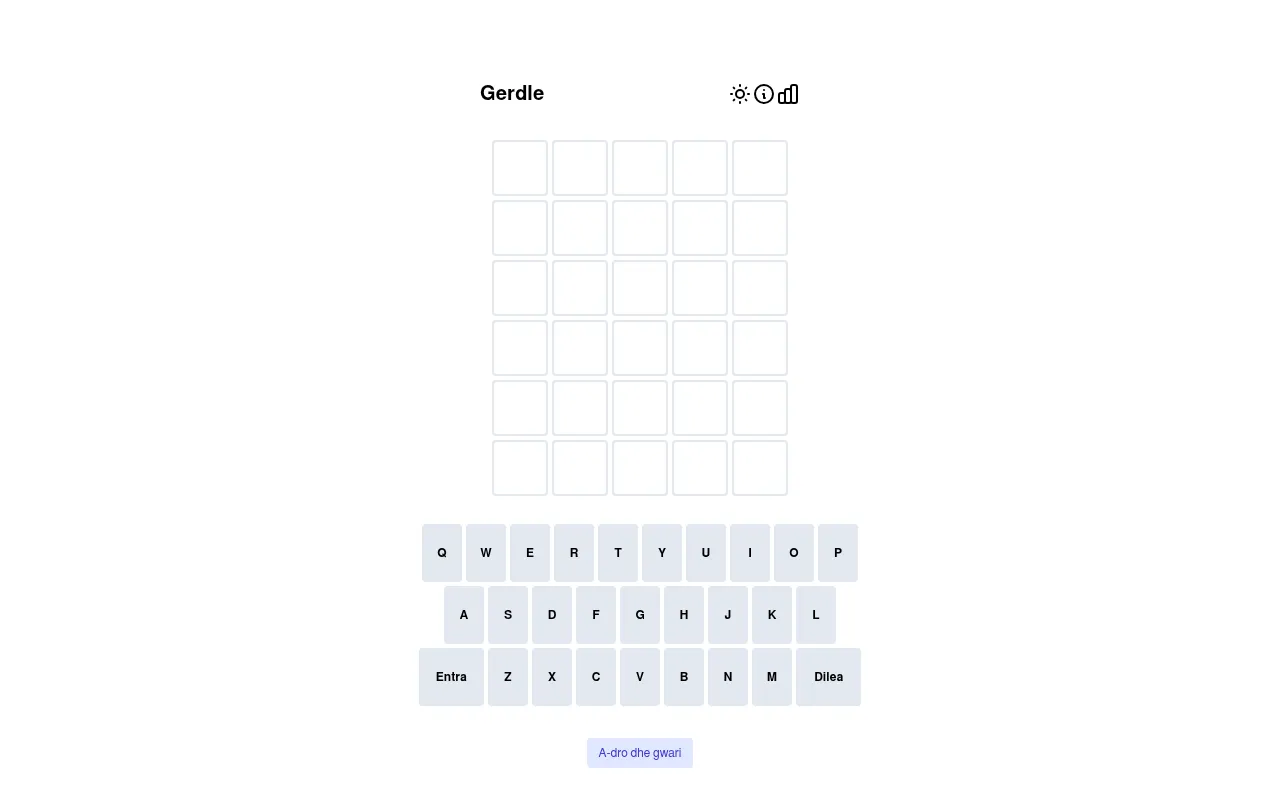 The Gerdle board: an empty five-by-six grid with a keyboard whose Enter and Delete keys read Entra and Dilea, and an A-dro dhe gwari (about the game) button