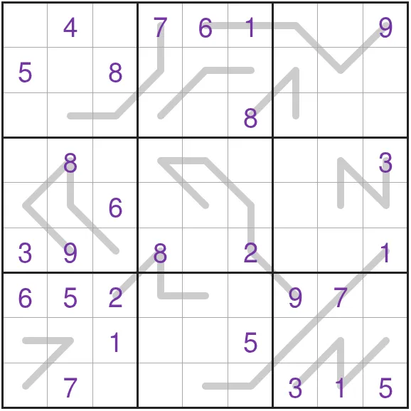 The Medium German Whisper Line Sudoku grid for 28 October 2026 on PuzzleMadness: a 9x9 board with purple givens and grey whisper lines winding through it