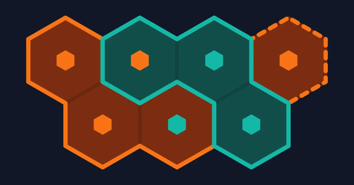 Gerrymandle artwork: hexagon tiles with orange and teal houses grouped into outlined districts