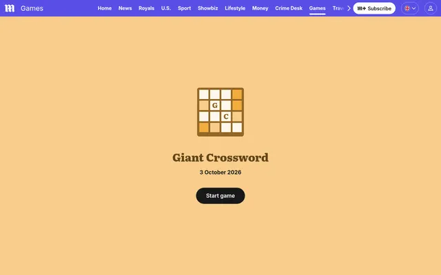 The Giant Crossword start screen on the Daily Mail games page: the game's own icon and name, the date 3 October 2026 and a button to start the day's puzzle