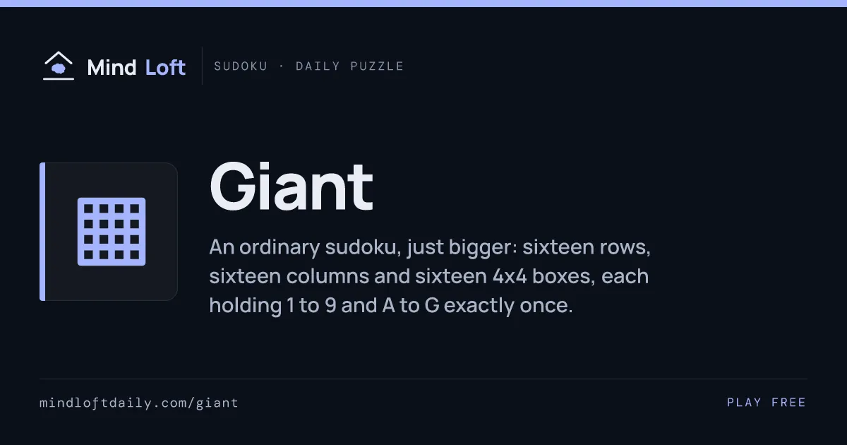 Giant title card from Mind Loft, with the game's grid icon, its name and a line on the 16x16 rules