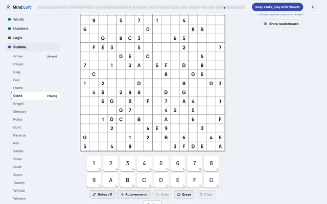Giant on Mind Loft for October 17, 2026: a 16x16 sudoku board with printed clues in digits and the letters A to G, above a pad of 1 to 9 and A to G and Notes, Auto-move, Undo, Erase and Clear buttons