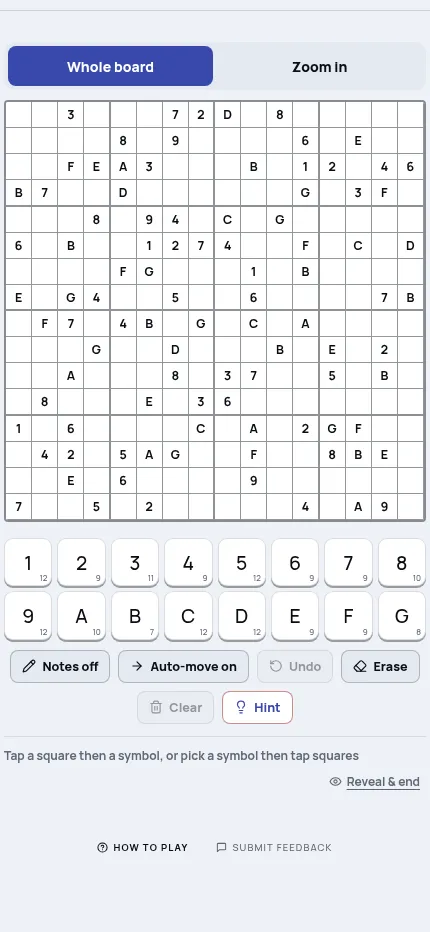 Giant on Mind Loft for Saturday October 24, 2026 at phone size: the whole 16x16 board with its 96 printed clues in digits and letters A to G, above the symbol pad, Notes, Undo, Erase and Hint