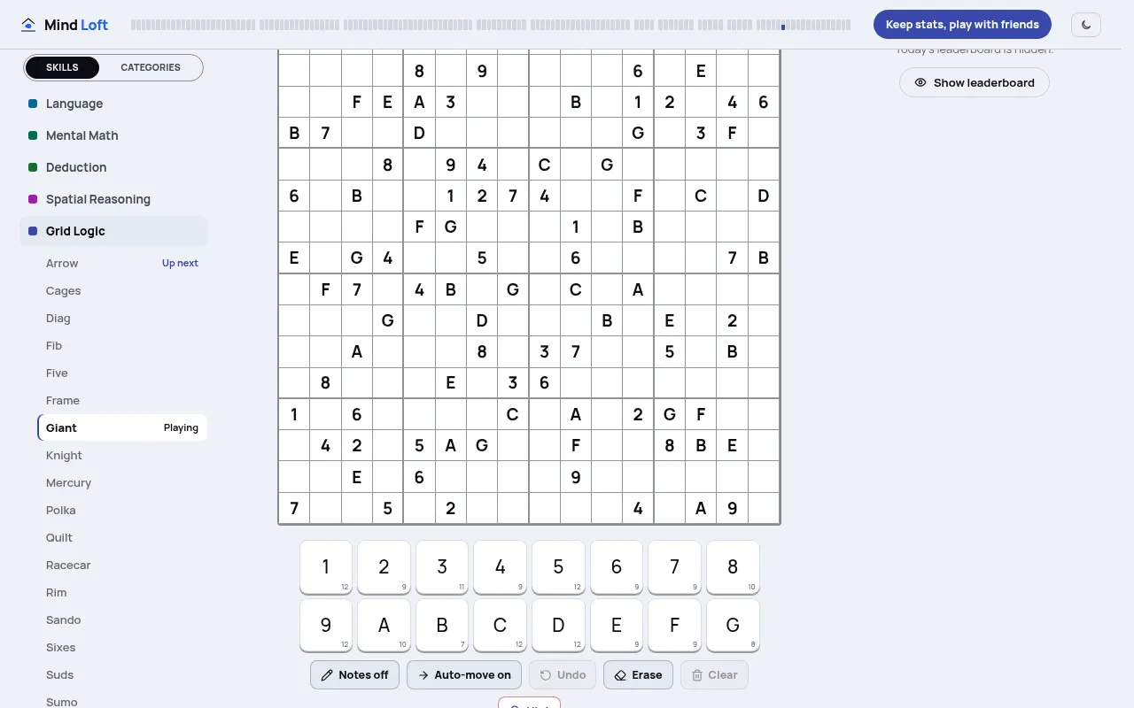 Giant on a desktop for October 24, 2026: today's 16x16 sudoku board beside Mind Loft's Grid Logic list, with the 1 to 9 and A to G pad showing how many of each symbol are left
