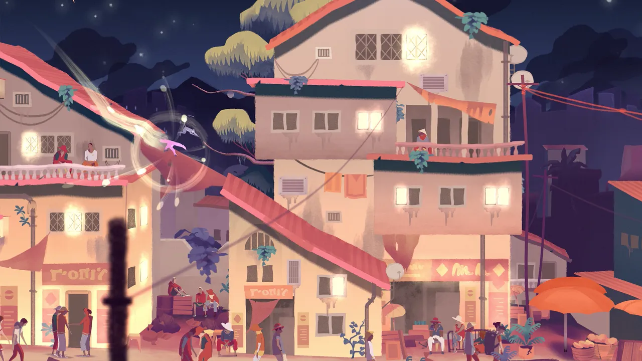 A gibbon flips through the air over the rooftops of a town at night, leaving a trail of light behind it