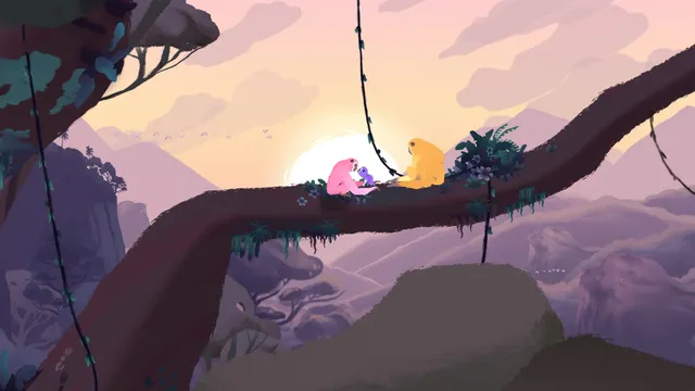 Two gibbons and a baby sit on a branch against a pink sunset over a misty jungle