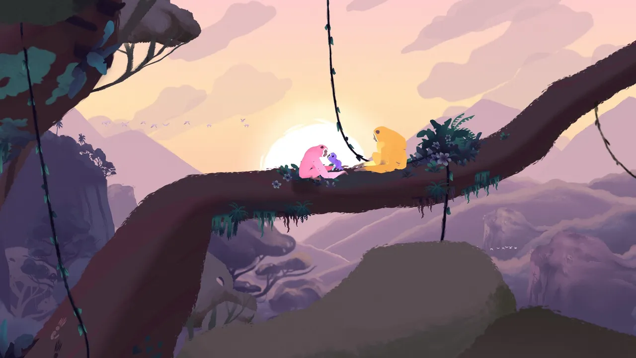 Two gibbons and a baby sit on a branch against a pink sunset over a misty jungle