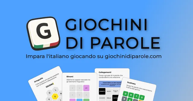 Giochini di Parole banner with game cards for Ortografia, Binomi, Collegamenti and Scalinata