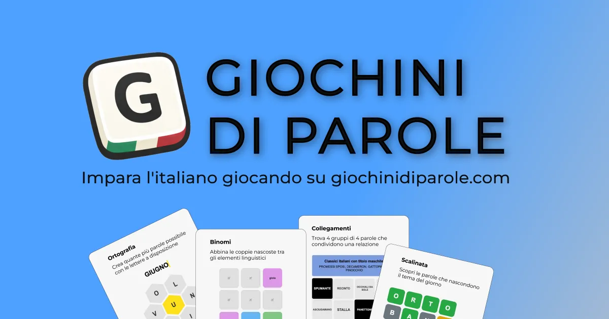 Giochini di Parole banner with game cards for Ortografia, Binomi, Collegamenti and Scalinata