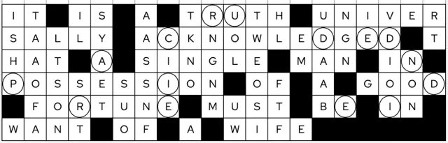 A solved Gisnep grid reading It is a truth universally acknowledged that a single man in possession of a good fortune must be in want of a wife