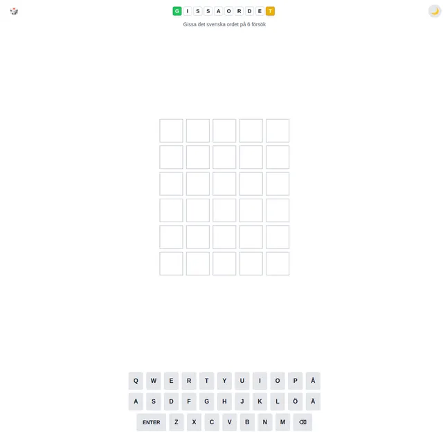 GissaOrdet board with a five by six grid of empty tiles and a Swedish keyboard including Å, Ä and Ö