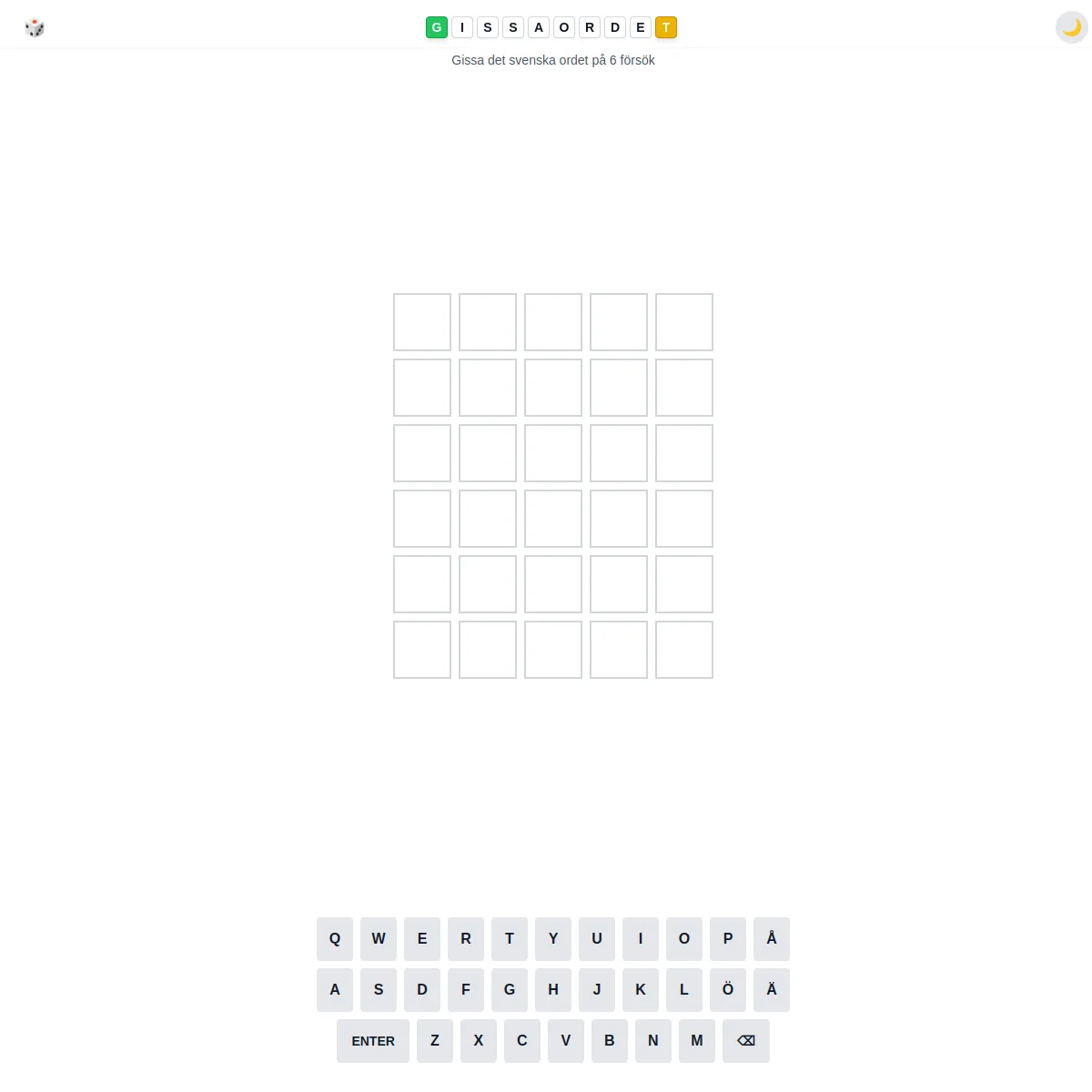 GissaOrdet board with a five by six grid of empty tiles and a Swedish keyboard including Å, Ä and Ö