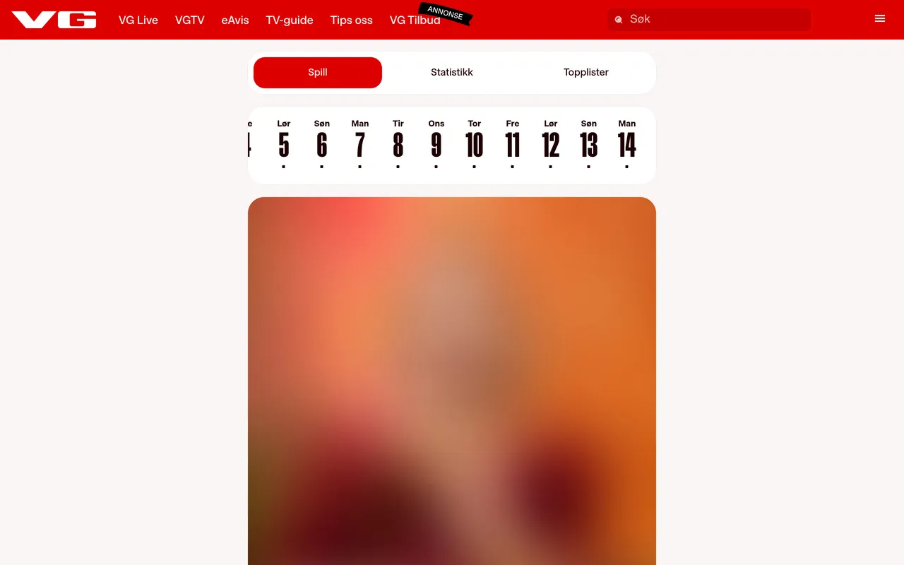 Gjett kjendisen on VG showing the Spill, Statistikk and Topplister tabs, a strip of dates to pick a day, and the large pixelated photograph of the day's celebrity to identify