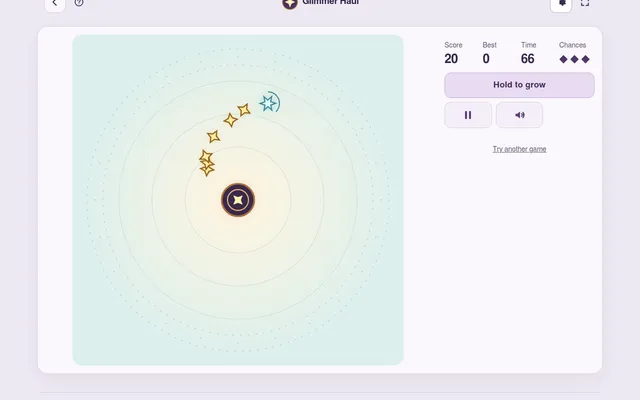 Glimmer Haul's daily challenge for 24 October 2026 in play: golden stars curving round the central lantern, a silver bonus star, score 20, 66 seconds left and three chances