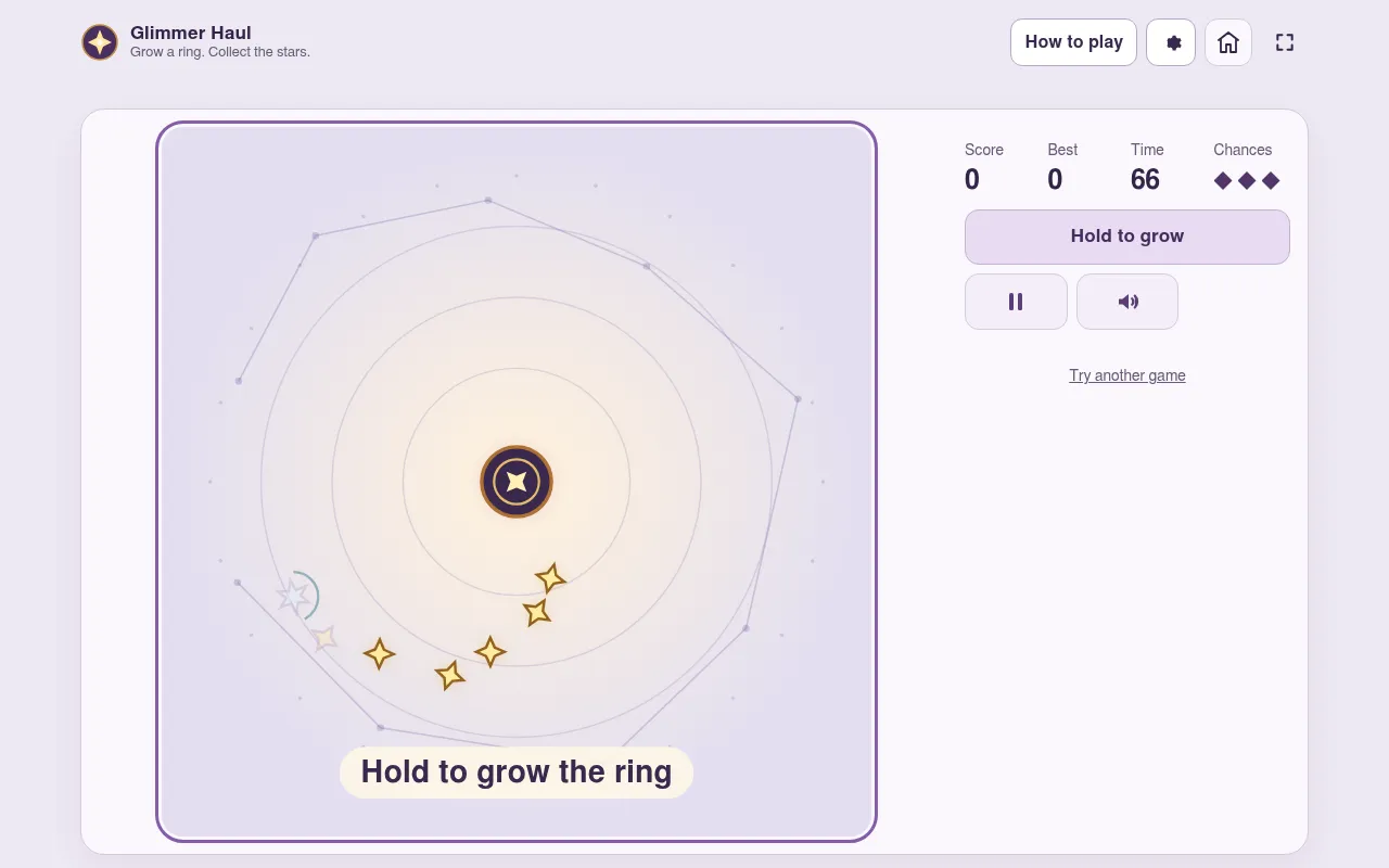 Glimmer Haul's daily challenge in play: golden stars around the central lantern, the Hold to grow button, score, time and three chances