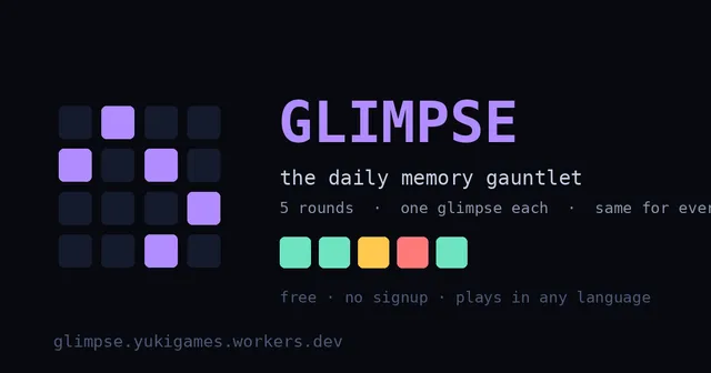 Glimpse card: a grid of lit purple cells beside the title, the daily memory gauntlet, five rounds and a row of coloured result squares