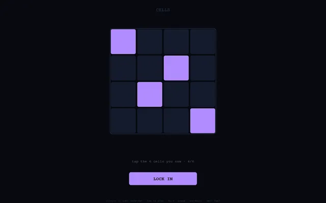 Glimpse's Cells round on today's daily: a 4x4 grid with four of the six remembered cells tapped in purple above the Lock In button