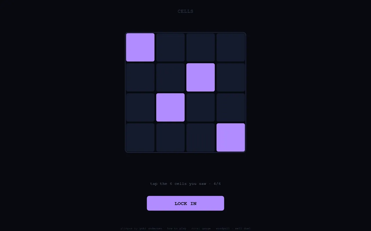 Glimpse's Cells round on today's daily: a 4x4 grid with four of the six remembered cells tapped in purple above the Lock In button