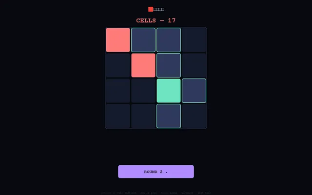 Glimpse Daily #82 Cells round after lock-in: a 4x4 grid showing the six cells that flashed, one tapped right in green, two wrong taps in red, scored 17