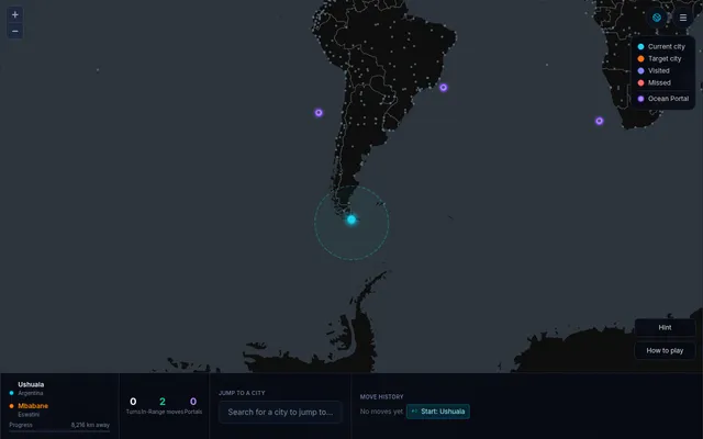 GlobeHoppr Daily #182 board on desktop: the jump circle around Ushuaia at the tip of South America, purple ocean portals, and the turn counter and city search below