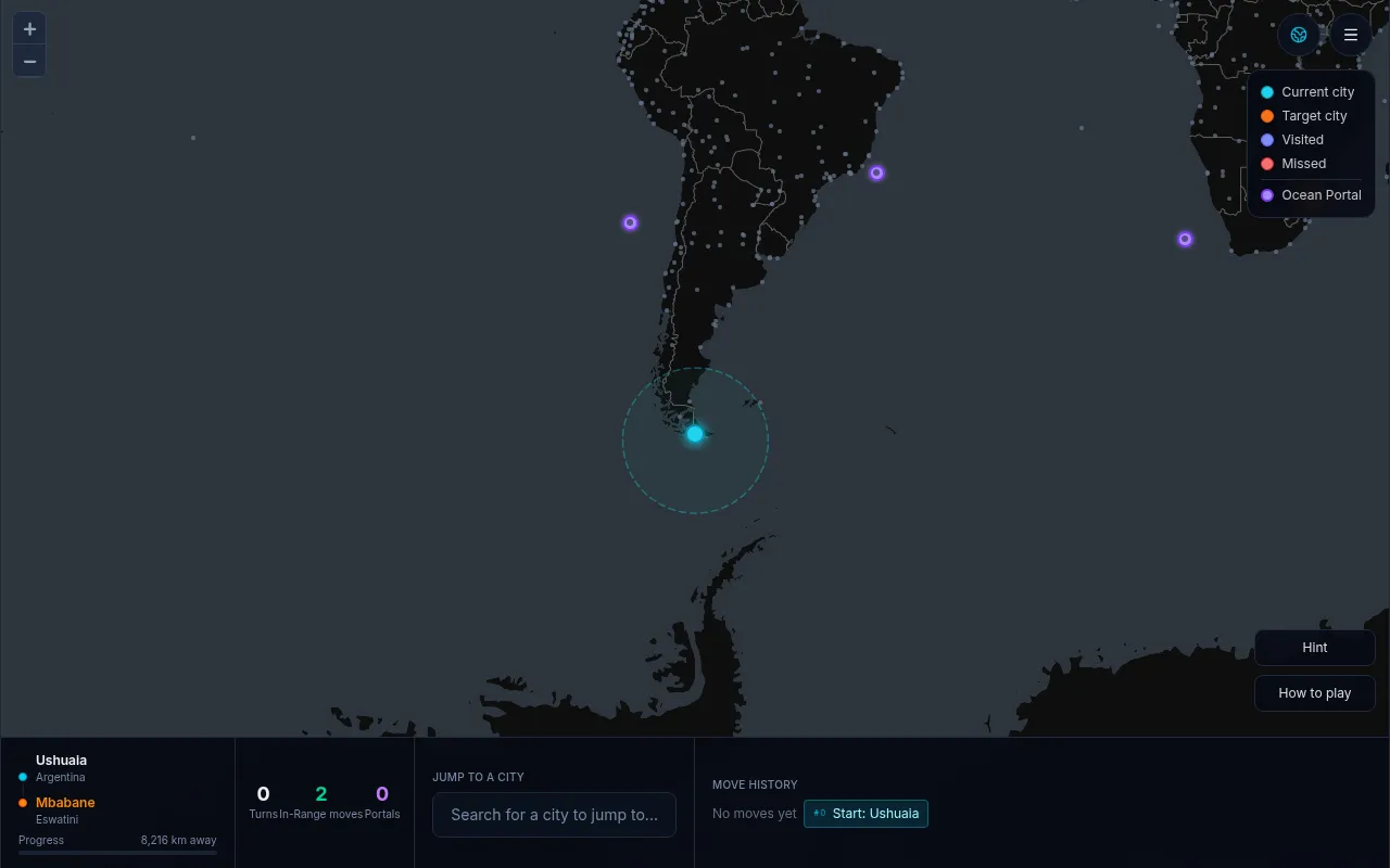 GlobeHoppr Daily #182 board on desktop: the jump circle around Ushuaia at the tip of South America, purple ocean portals, and the turn counter and city search below