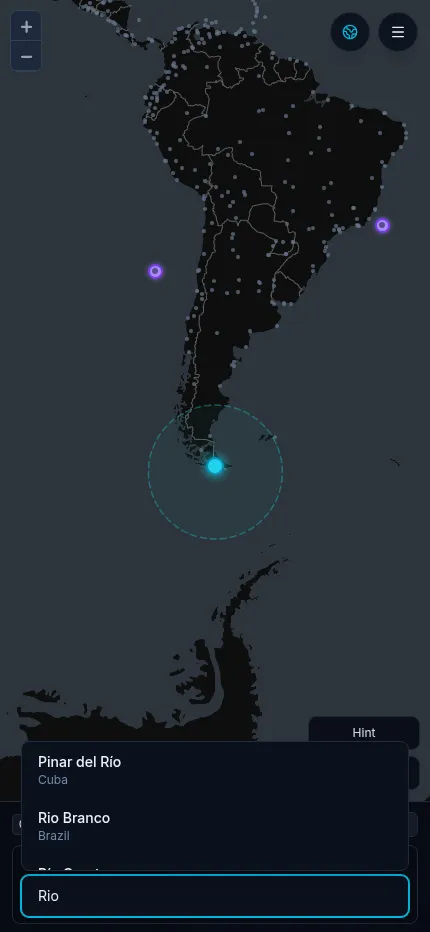 GlobeHoppr at phone size: today's map of South America with the jump circle around Ushuaia and city suggestions under the search box