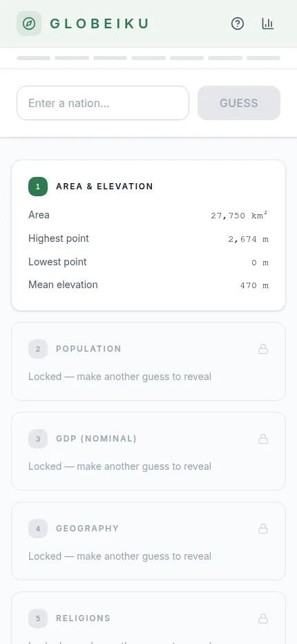 Globeiku at phone size: the guess box above the open Area & Elevation card (27,750 km2, highest point 2,674 m) and the locked Population, GDP and Geography cards