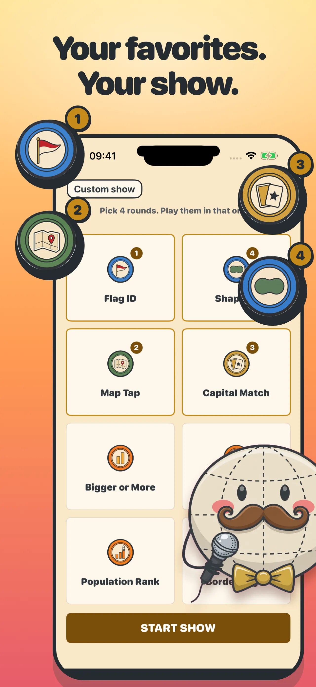 Globerto's custom show screen with minigames such as Flag ID, Map Tap, Capital Match and Population Rank