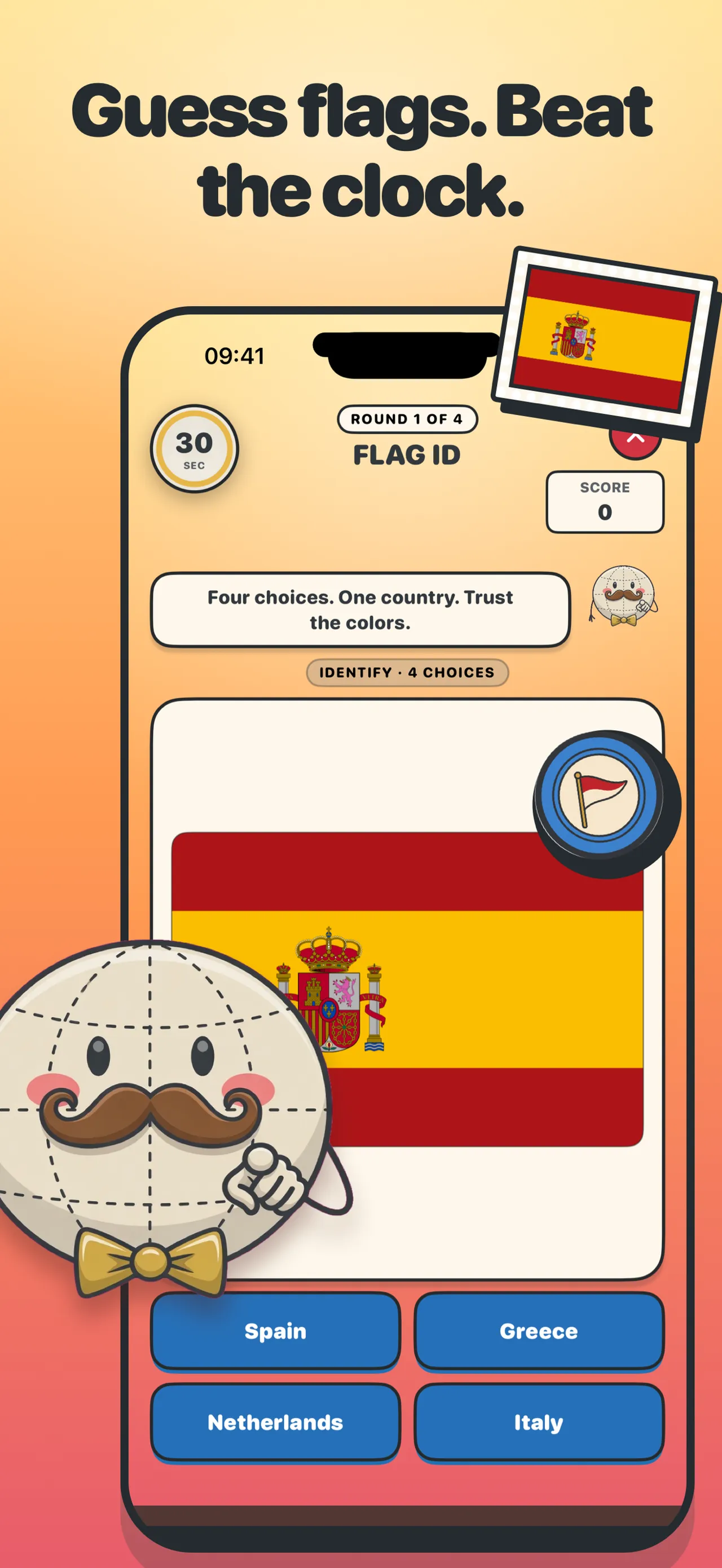 Globerto's Flag ID round: the flag of Spain with four country choices, a 30-second timer and the globe host