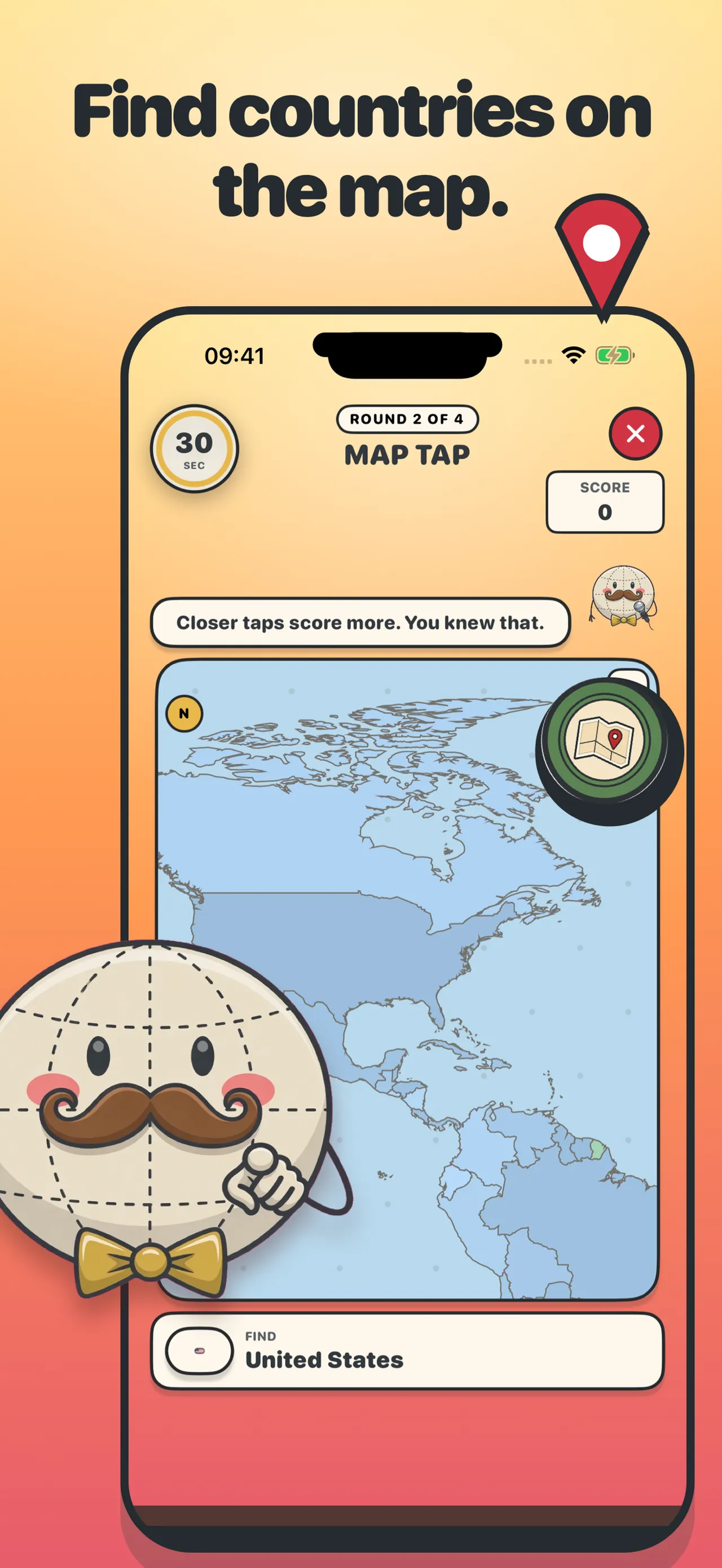 Globerto's Map Tap round asking you to find the United States on a map of the Americas
