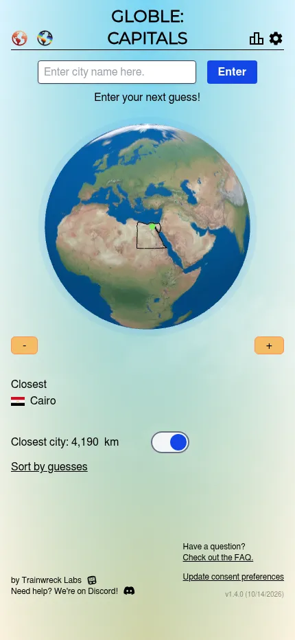 Globle: Capitals on a phone: the globe centred on Egypt after a first guess of Cairo, with the closest city 4,190 km away listed below