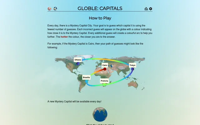 Globle: Capitals how-to-play page: a world map with an example path of guesses from Ottawa, Tokyo, Pretoria and Brasilia coloured hotter toward Cairo