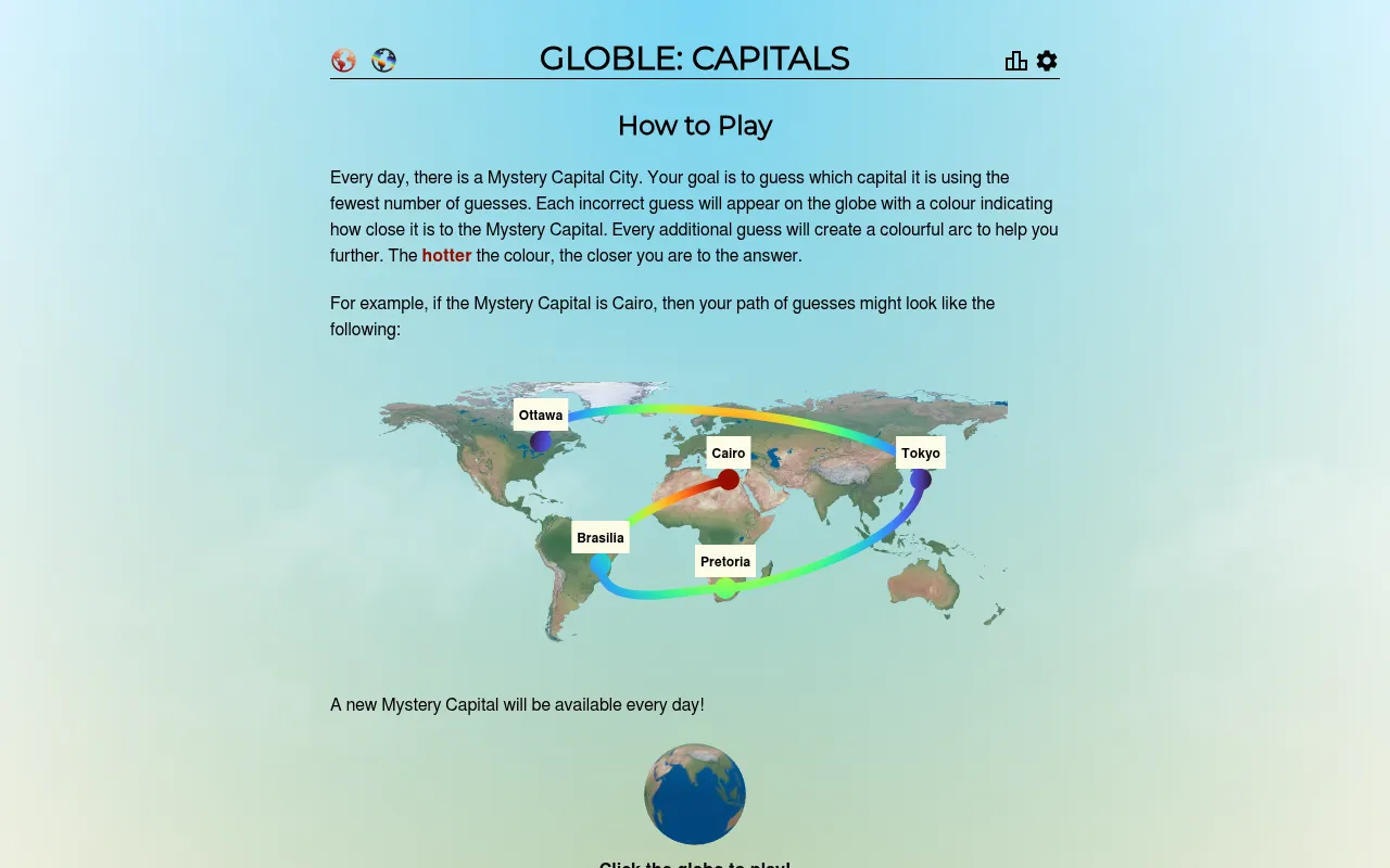 Globle: Capitals how-to-play page: a world map with an example path of guesses from Ottawa, Tokyo, Pretoria and Brasilia coloured hotter toward Cairo