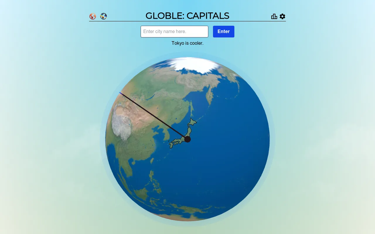 Globle: Capitals at desktop size during today's game: the guess box above a 3D globe turned to East Asia, Tokyo marked cooler with an arc running toward the earlier guess