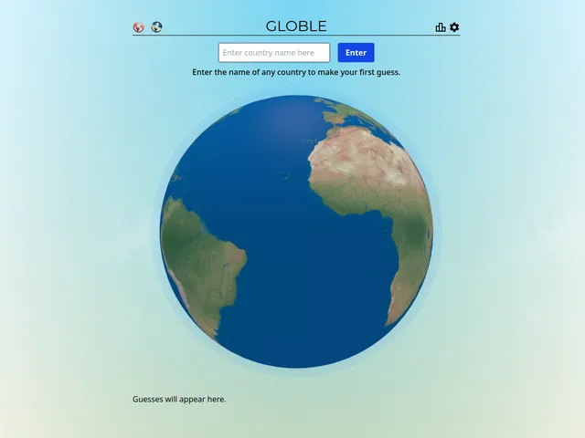 The Globle game screen: a 3D globe showing the Atlantic, Africa and South America, with the box for typing a country guess above it