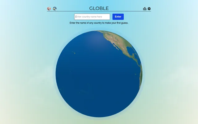 The Globle game screen: a 3D globe turned to the Pacific and North America, under the Enter country name here box and Enter button