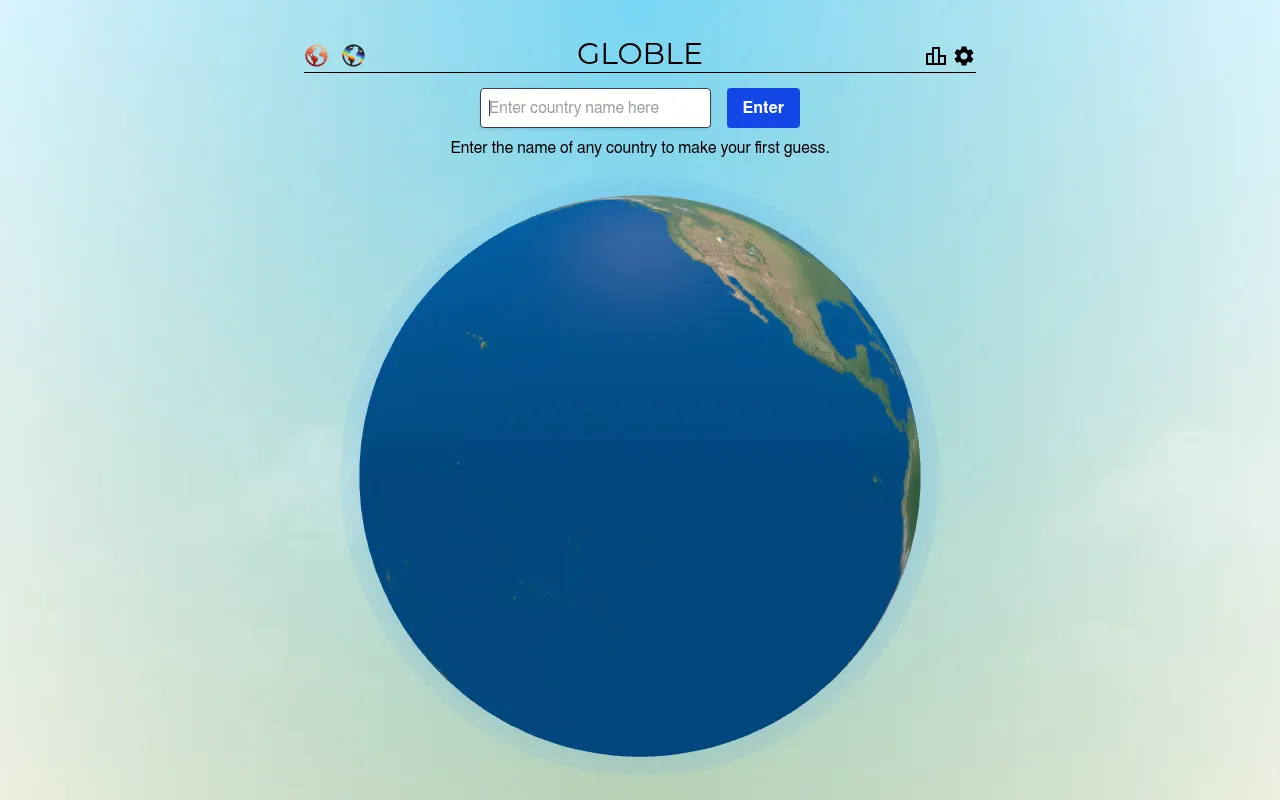 The Globle game screen: a 3D globe turned to the Pacific and North America, under the Enter country name here box and Enter button