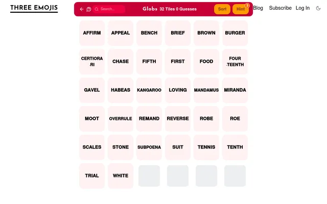Globs Mini daily board: 32 word tiles such as AFFIRM, APPEAL, GAVEL, HABEAS, SUBPOENA and TENNIS to merge into hidden groups of four, with Sort and Hint buttons