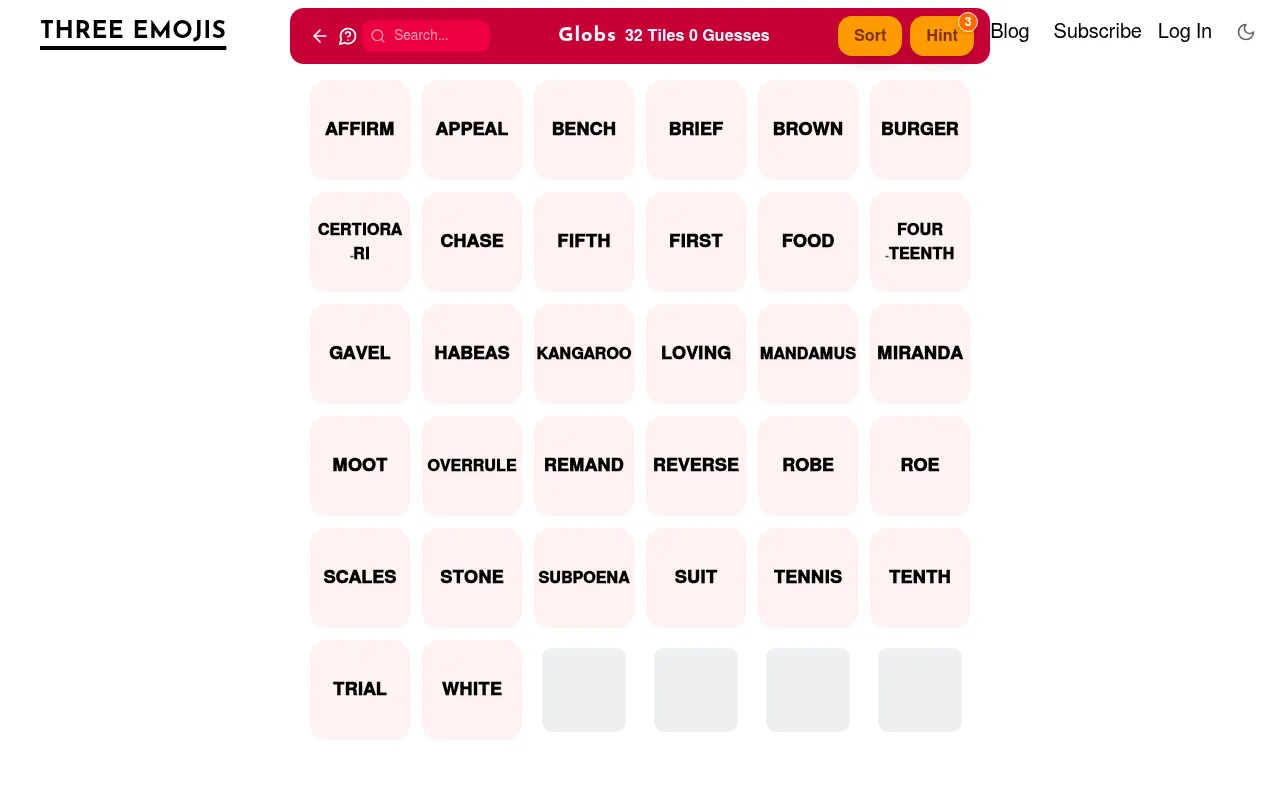Globs Mini daily board: 32 word tiles such as AFFIRM, APPEAL, GAVEL, HABEAS, SUBPOENA and TENNIS to merge into hidden groups of four, with Sort and Hint buttons