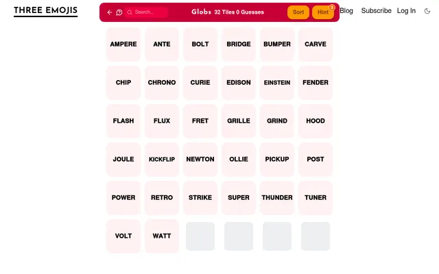 Globs Mini daily board for 21 October 2026: 32 word tiles such as AMPERE, BOLT, EDISON, KICKFLIP, OLLIE and WATT to merge by hidden groups of four, with Sort and Hint buttons