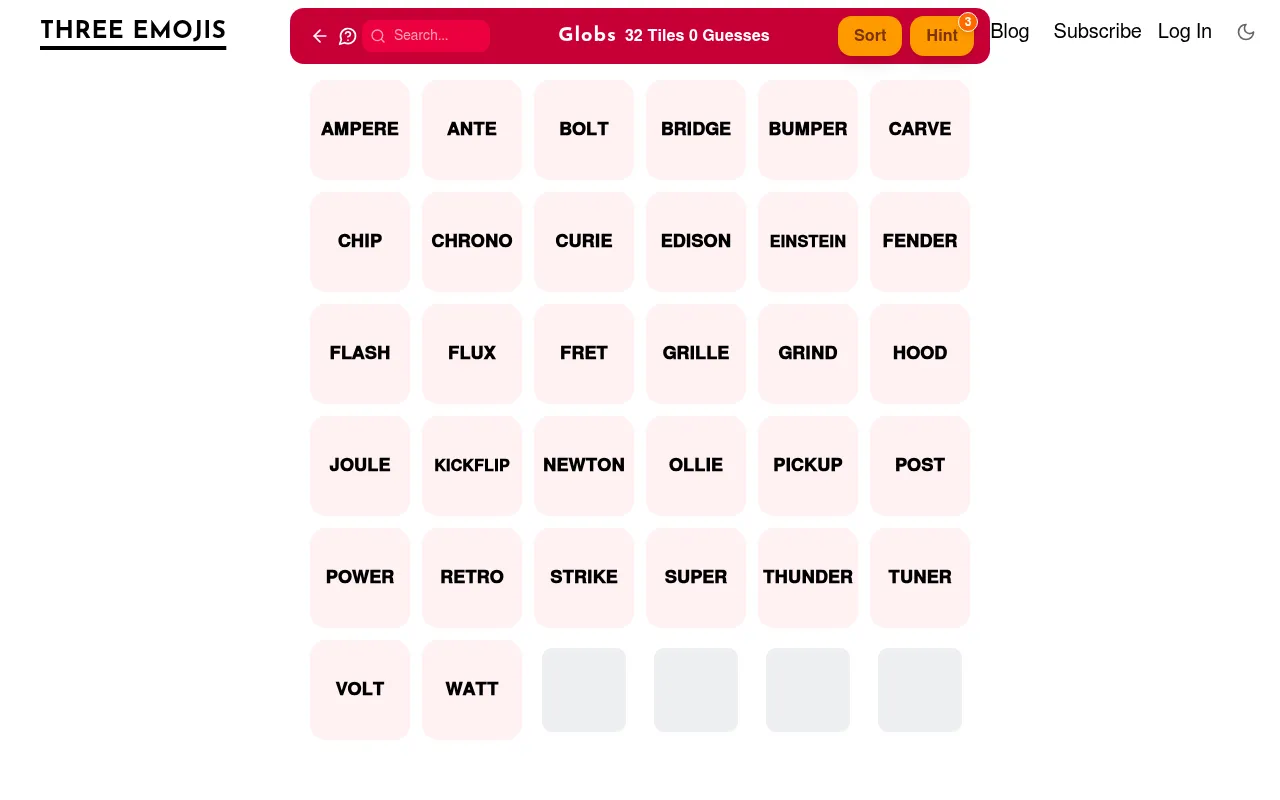 Globs Mini daily board for 21 October 2026: 32 word tiles such as AMPERE, BOLT, EDISON, KICKFLIP, OLLIE and WATT to merge by hidden groups of four, with Sort and Hint buttons