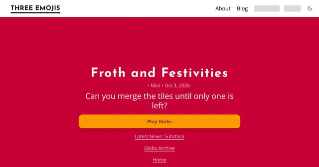 The start screen of the Globs Mini daily for October 3, 2026, titled Froth and Festivities, with a Play Globs button and a link to the archive