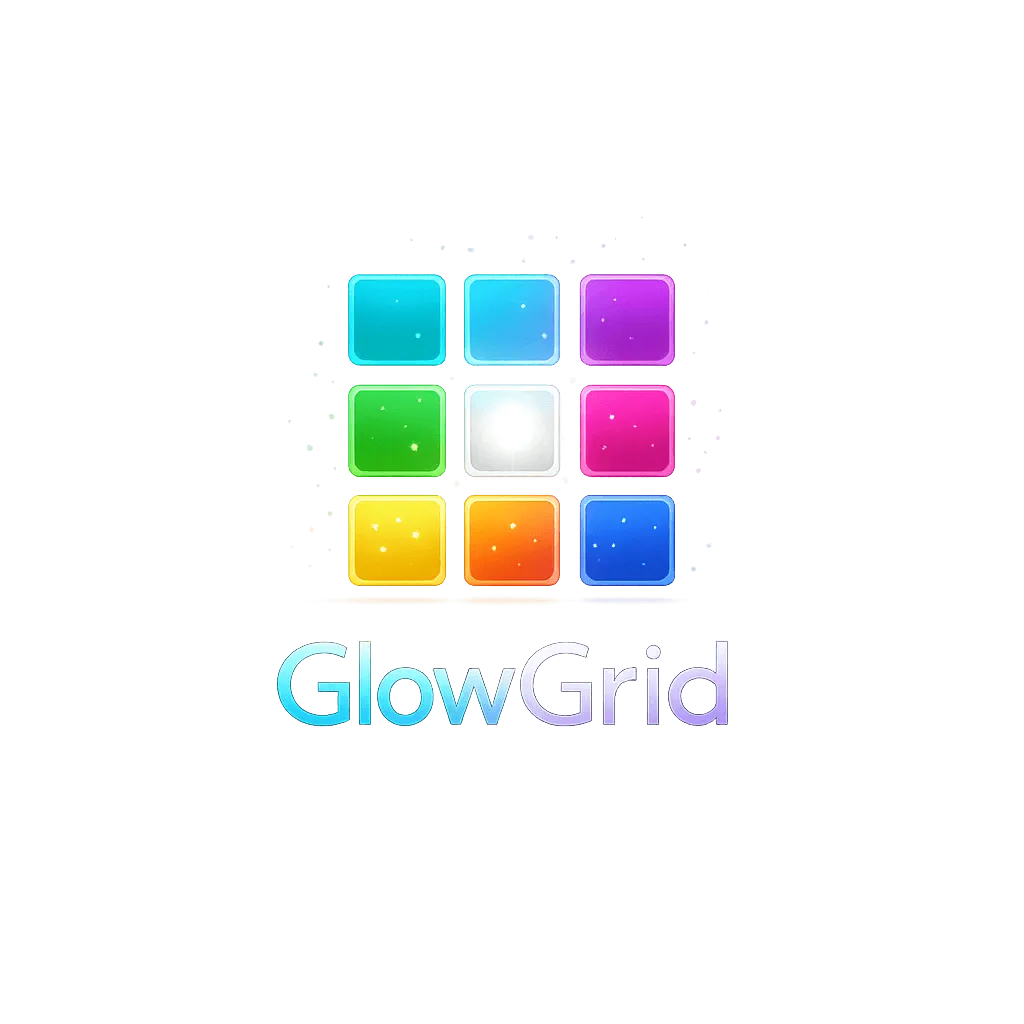 GlowGrid's own art: a 3 by 3 block of glossy coloured glass tiles with a white glowing centre above the name GlowGrid