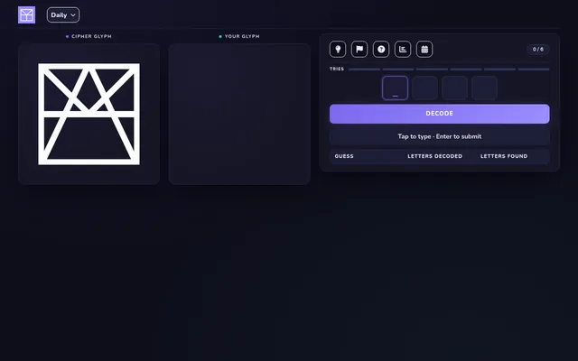 Glyph's daily board: the Cipher Glyph of four overlapping letters in a square, an empty Your Glyph panel, four letter boxes, the Decode button and 0 of 6 tries