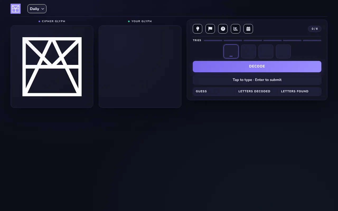 Glyph's daily board before a guess: the Cipher Glyph of four overlapping letters, an empty Your Glyph panel, four letter boxes, the Decode button and 0 of 6 tries