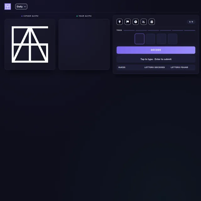 Glyph daily screen with the Cipher Glyph of overlapping letters, Your Glyph panel and six tries