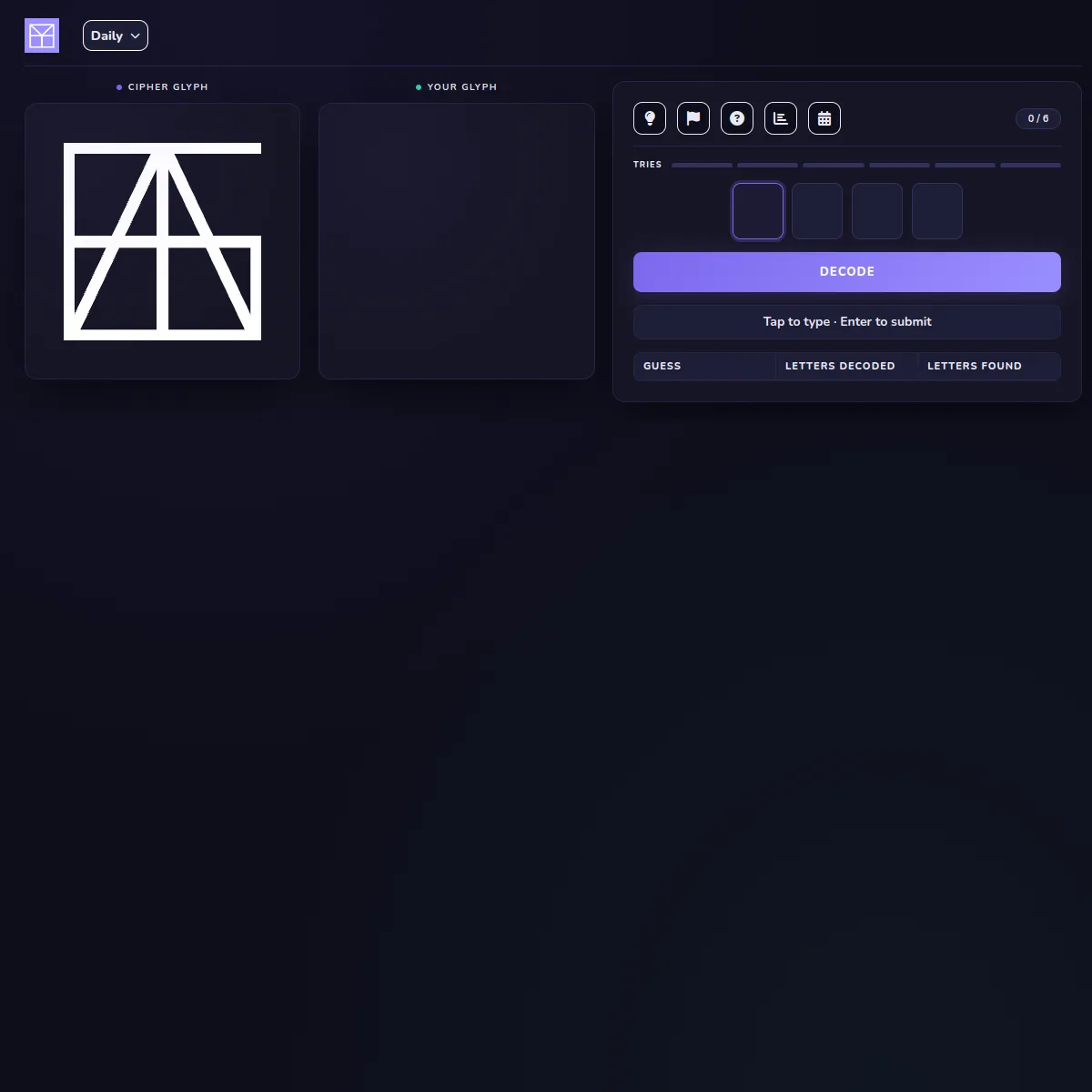 Glyph daily screen with the Cipher Glyph of overlapping letters, Your Glyph panel and six tries
