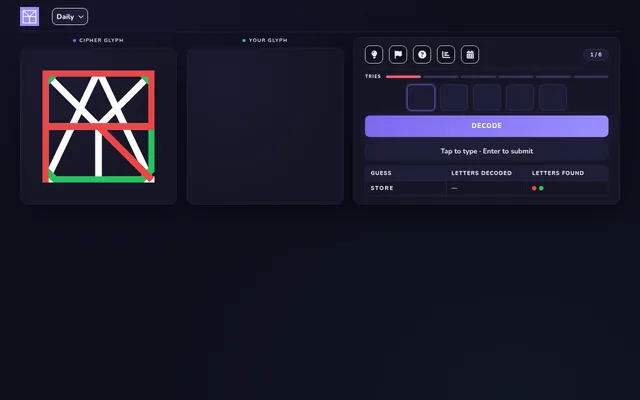 Glyph's daily board after one guess, STORE: the Cipher Glyph of overlapping letters with its strokes marked red and green, five letter boxes, Decode and 1 of 6 tries