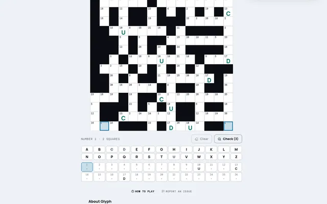 Glyph codeword on mindloftdaily.com: a numbered grid with the letters C, U and D filled in, an alphabet bar with used letters struck out, and the number-to-letter key from 1 to 26